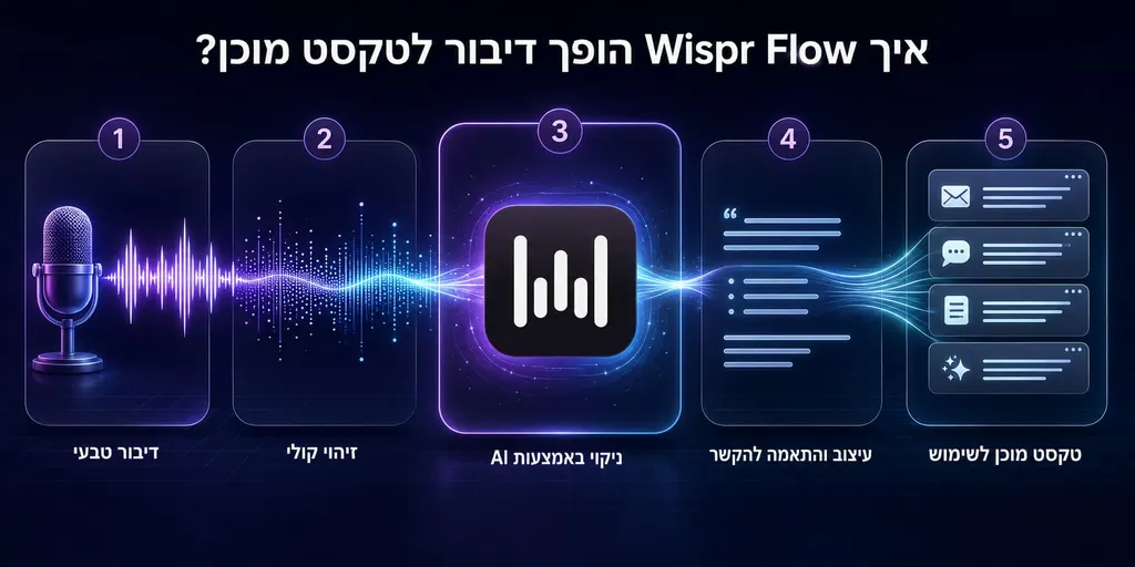 אינפוגרפיקה בחמישה שלבים: דיבור טבעי, זיהוי קולי, ניקוי באמצעות AI, עיצוב והתאמה להקשר, ולבסוף טקסט מוכן לשימוש במייל, בהודעה ובמסמך