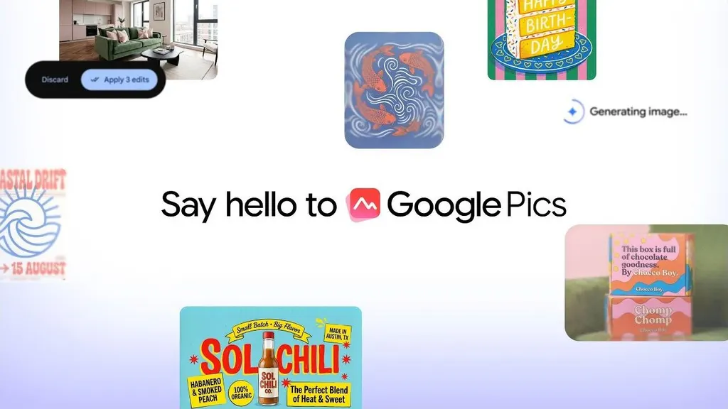 מסך ההשקה של Google Pics עם הכיתוב Say hello to Google Pics, מוקף בדוגמאות עיצוב: פוסטר, כרטיס ברכה, תווית מוצר ותמונת חדר בעריכה