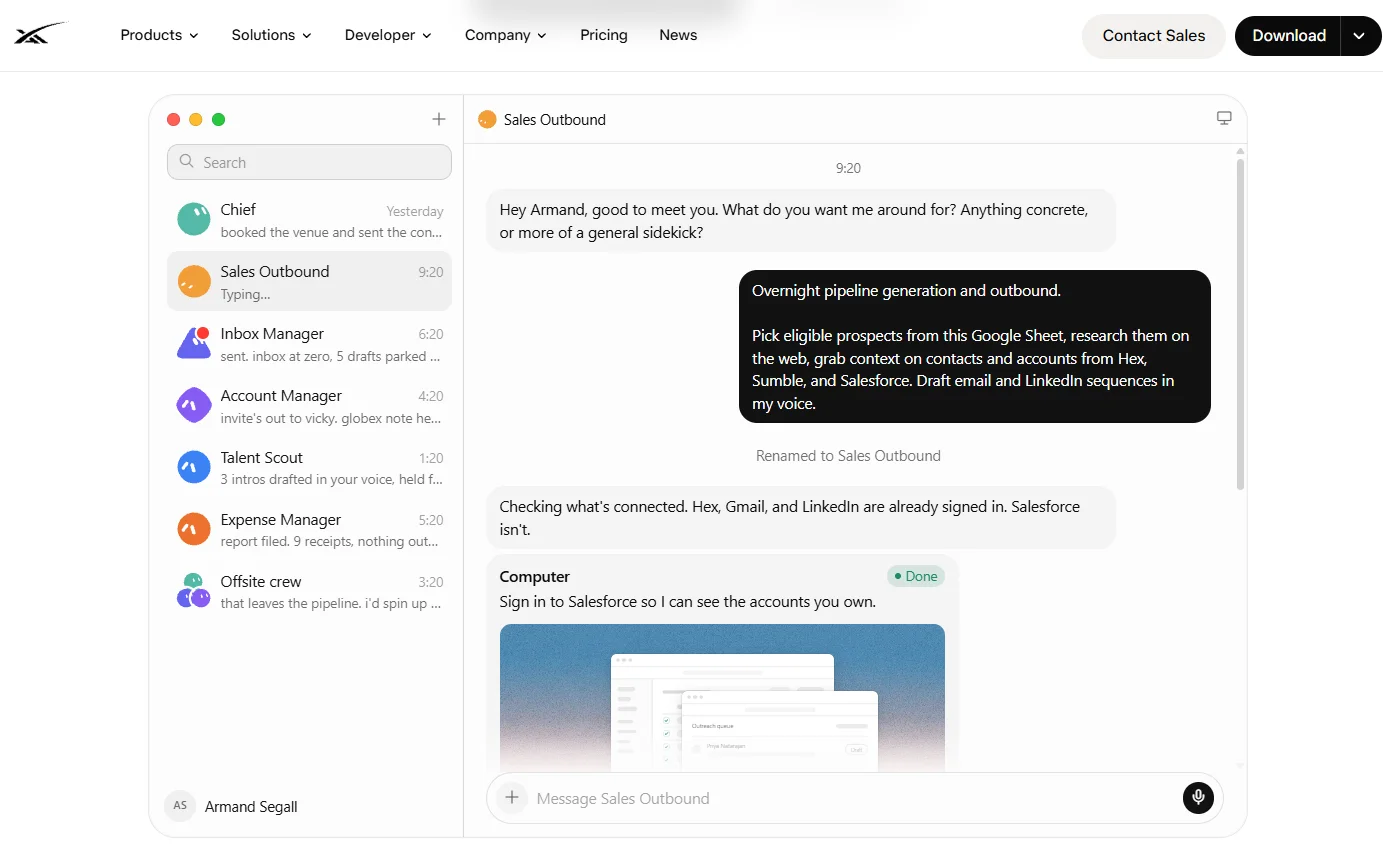 ממשק Grok Bot המציג בוט Sales Outbound, רשימת בוטים נוספים ובקשת התחברות ל-Salesforce.