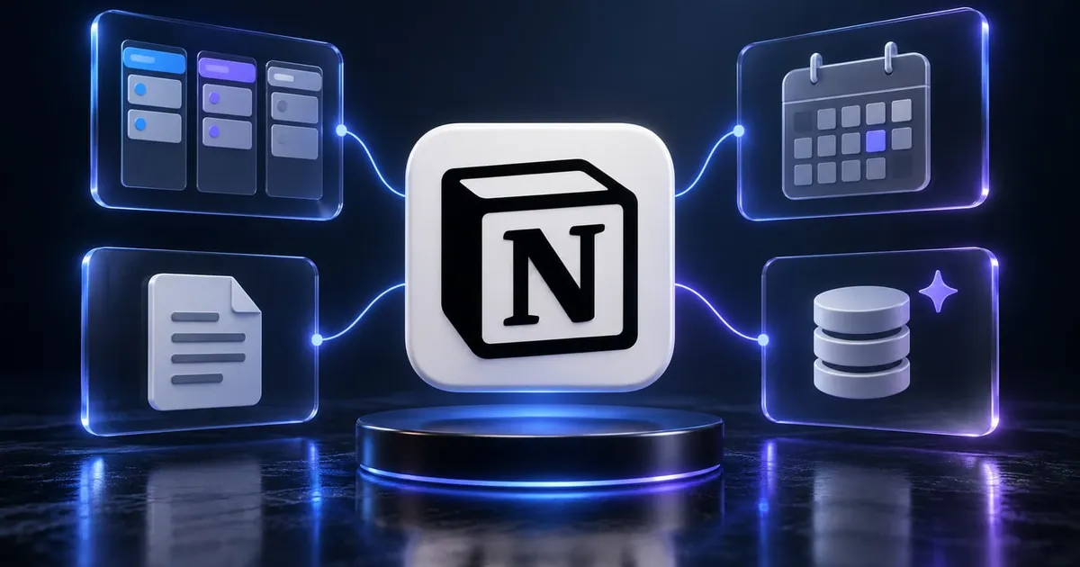 האייקון של Notion מוקף בכרטיסי משימות, לוח שנה, מסמך ומסד נתונים על רקע כחול-סגול כהה.